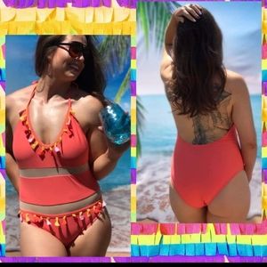 Neon Pink Pom Pom Tassel Halter Top One Piece Swimsuit NEW S M L